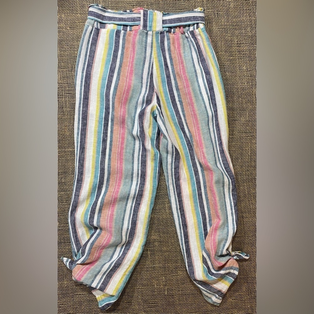 Indigo Rein Pants Small Linen/Rayon Pockets Elastic Waist Belt Striped Cropped - Picture 7 of 7